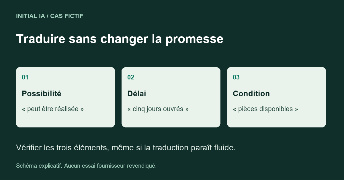 Préserver la possibilité, les jours ouvrés et la condition de disponibilité des pièces.