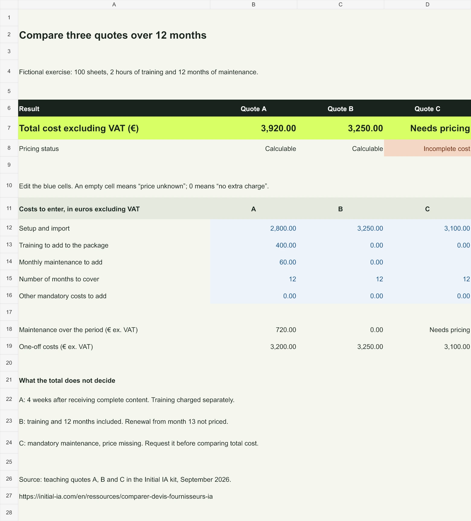 Downloadable comparison tool preview: blue input cells, C total awaiting pricing and maintenance formulas.