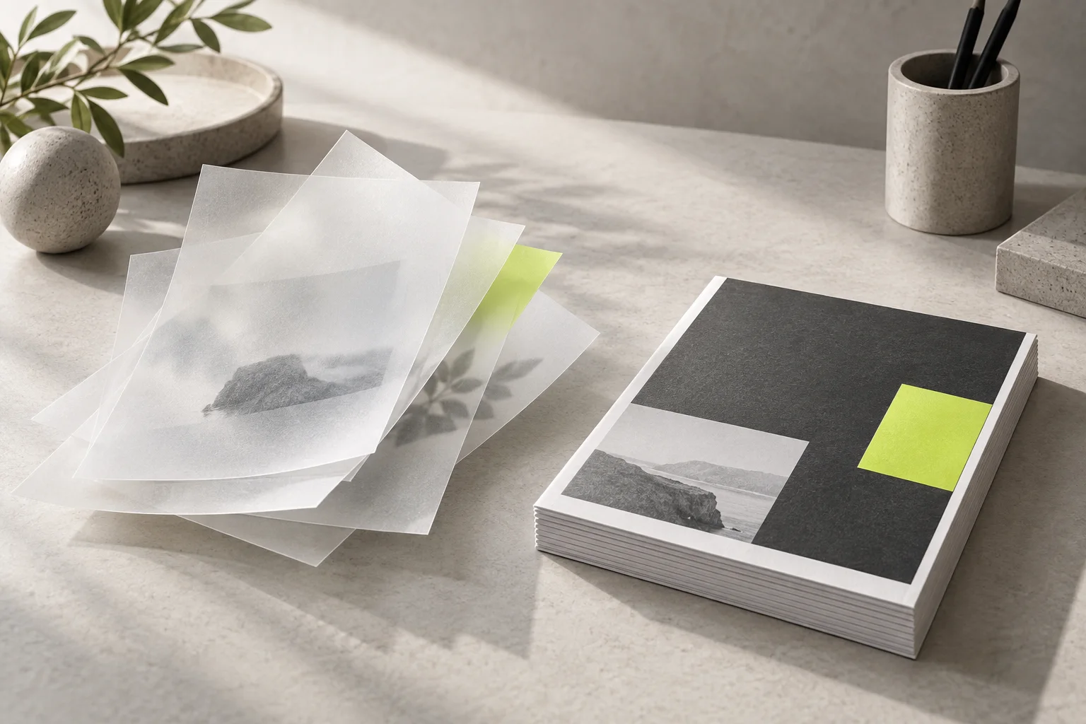 Illustration : des feuilles éparses deviennent un document composé, dans les couleurs d’Initial IA.