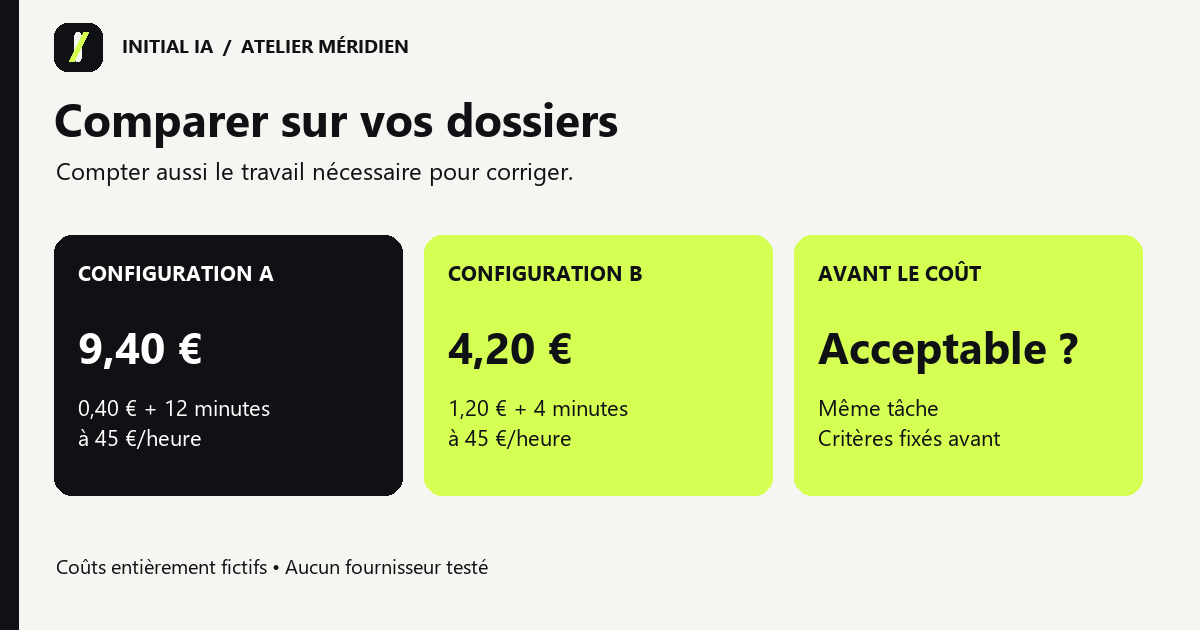Compter aussi le travail nécessaire pour corriger. CONFIGURATION A : 9,40 € : 0,40 € + 12 minutes à 45 €/heure ; CONFIGURATION B : 4,20 € : 1,20 € + 4 minutes à 45 €/heure ; AVANT LE COÛT : Acceptable ? : Même tâche Critères fixés avant. Coûts entièrement fictifs • Aucun fournisseur testé