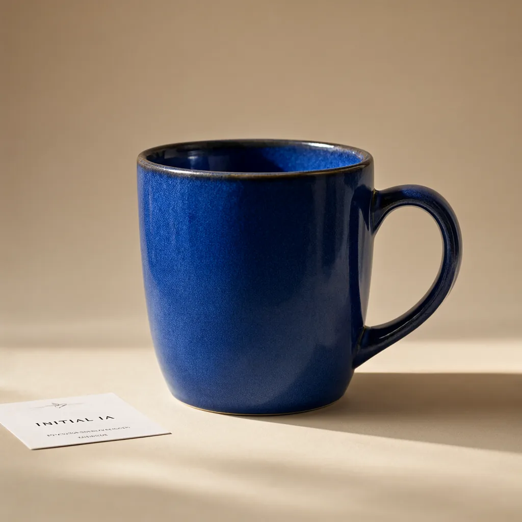 Image de départ : mug bleu fictif sur fond beige
